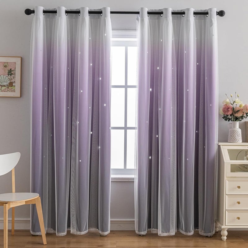 indistar Colourful Stripe Star Cut-Out Blackout Curtains for Bedroom,2 Layers Mix Design of Fabric & Tulle,Pretty Window Curtain for Kids Room 1 Panel (W52 x L72 Dark Purple) - Image 2